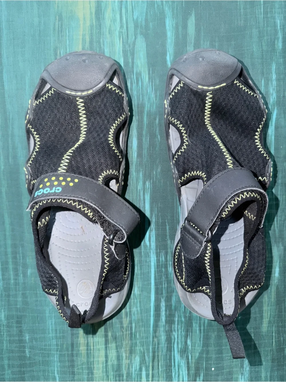 CROCS Black Sandal with Gray Soles and Yellow Stitching